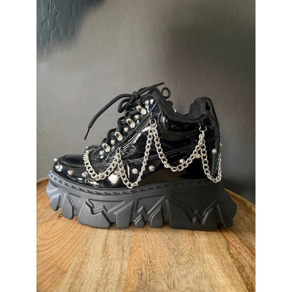 Anthony Wang Platform Sneakers Black Patent Chain Stud Goth Chunky Shoes 8.5